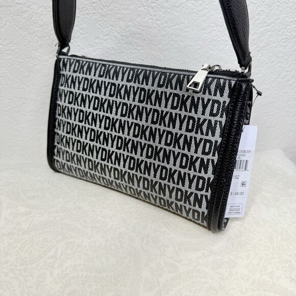 NWT DKNY Milo Crossbody Bag Black Monogram Thick Adjustable Strap Zip Magnet - Picture 7 of 16